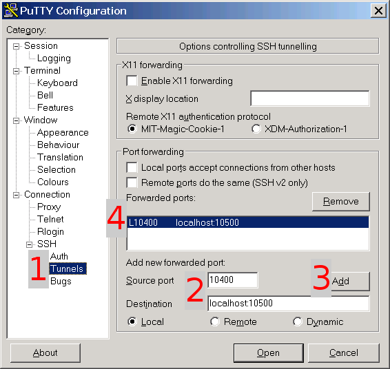 Konfiguration der Port-Weiterleitung in PuTTY