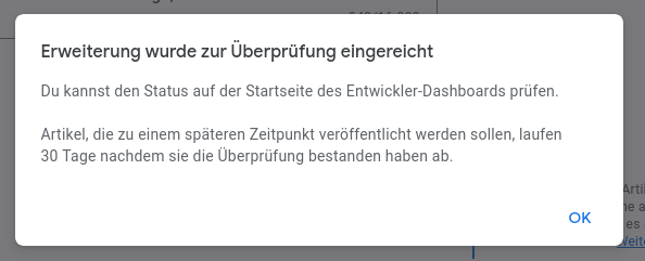 Screenshot: Erweiterung wurde zur Überprüfung eingereicht