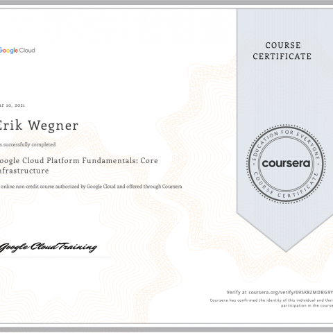 Certificate Google Cloud Platform Fundamentals: Core Infrastructure